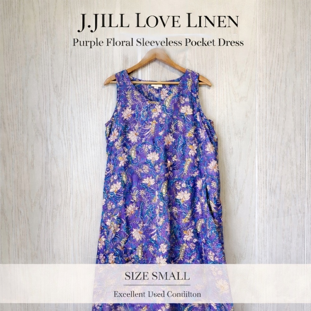 J.Jill Love Linen Purple Floral Sleeveless Pocket Dress Small